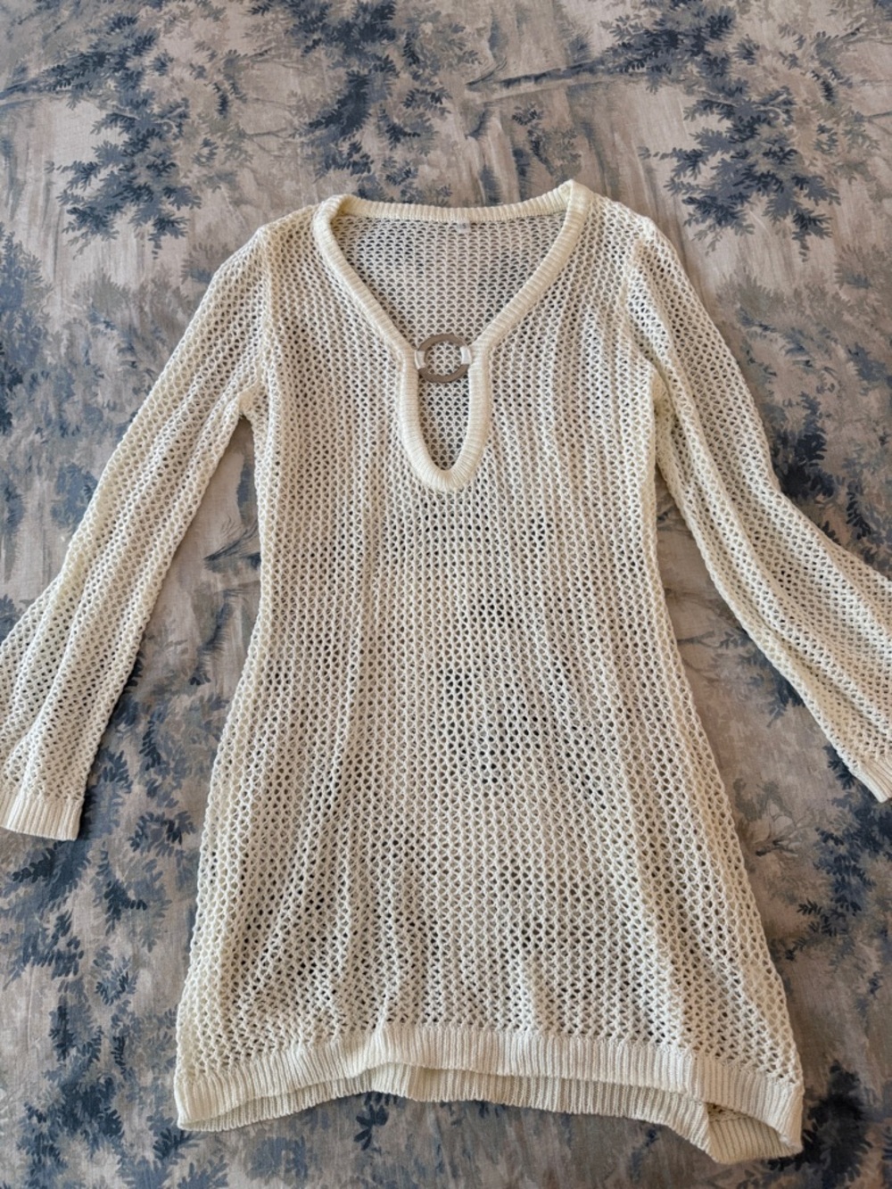 Cream Open-Knit Tunic Sweater with Ring Detail